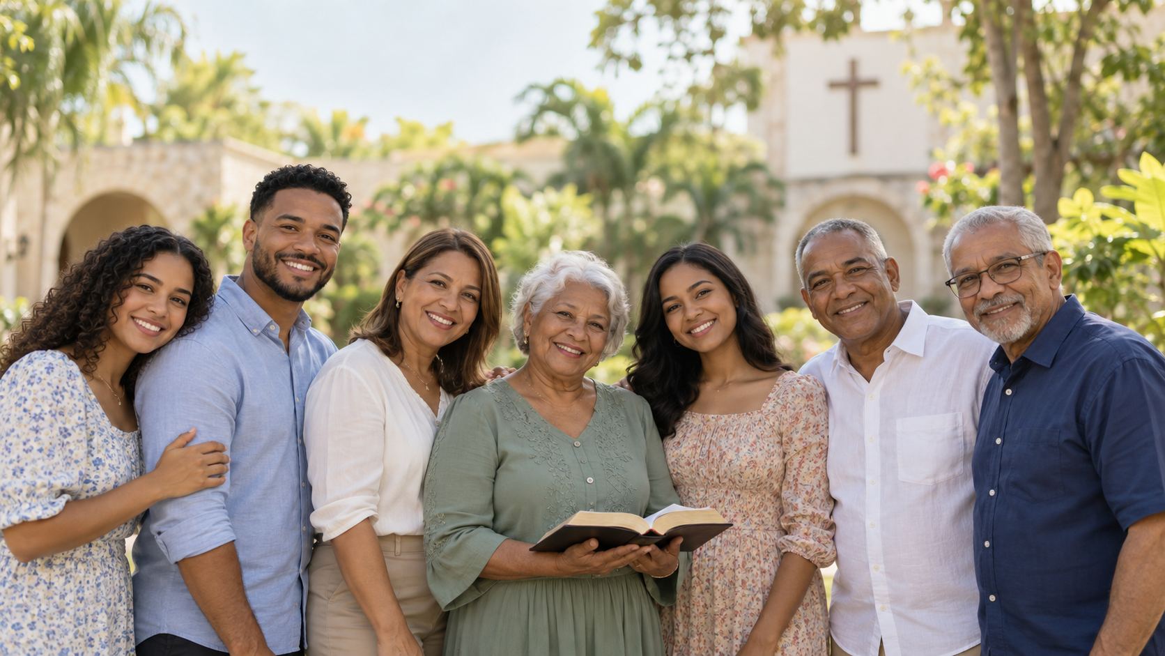 Familia dominicana unida, con la Biblia